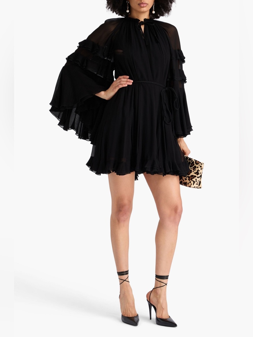 Alice + Olivia Revolve Black Chiffon Ruffle Bell Sleeve Mini Dress